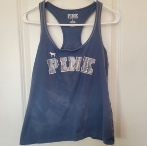 Women LARGE sleeveless tank top PINK logo stone washed blueVICTORIAS SECRET PINK